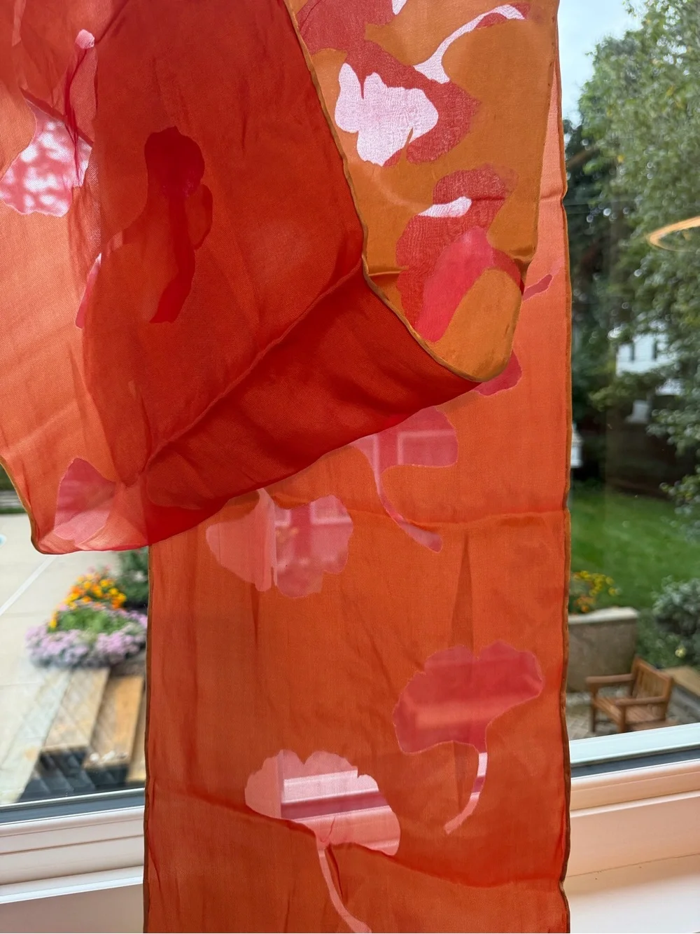 Silk Scarf with Red Ginkgo Leaf Motif